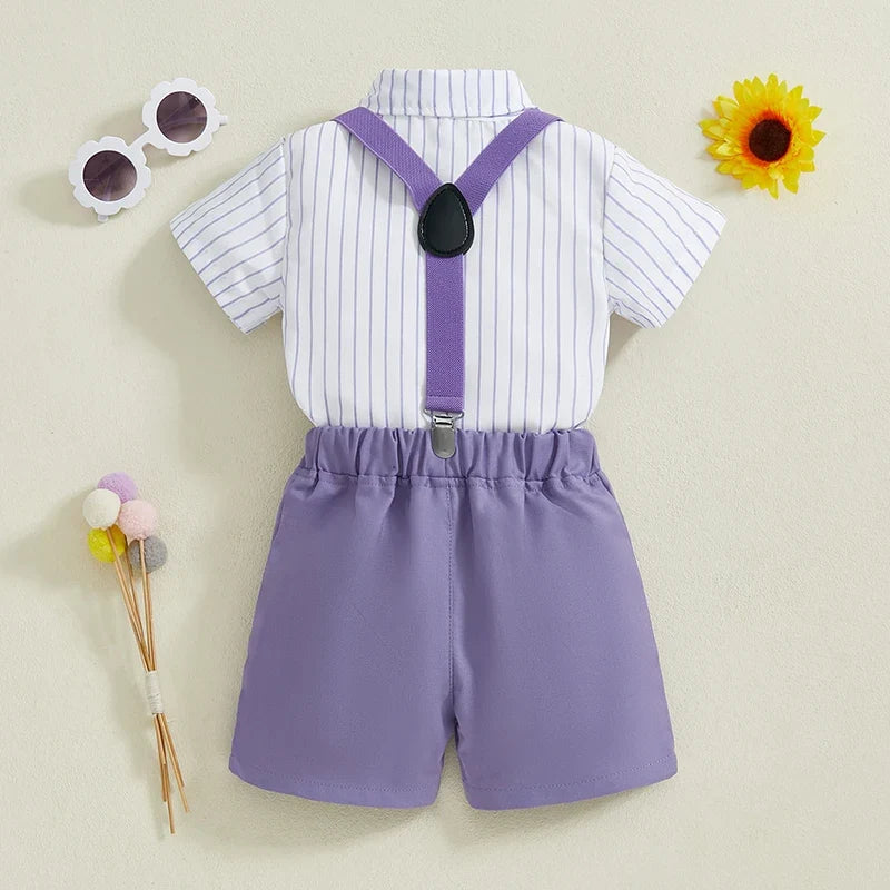Boy Gentleman Outfit Vertical Stripe Print Short Sleeves Shirt with Bow Tie and Suspender Shorts Set for Formal Wear - Boys
