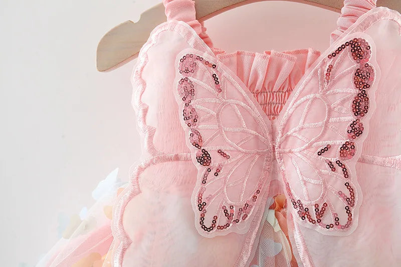 New Baby Girls Birthday Party Evening Dresses Summer Butterfly Wings Children Clothes Sweet Colorful Toddler Kids Costume