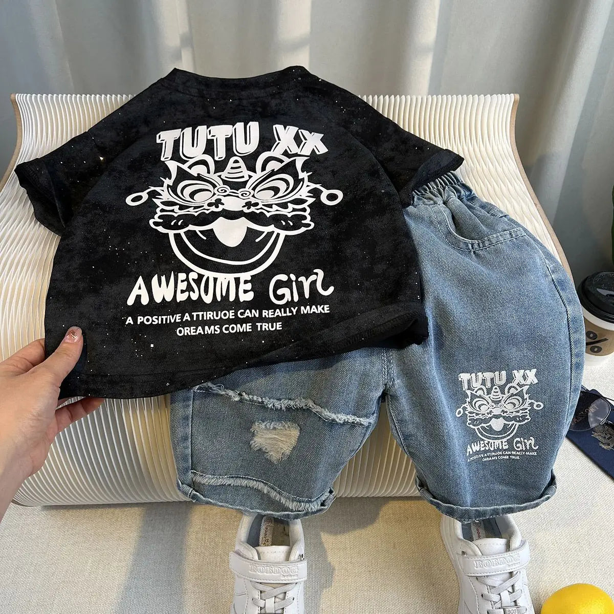 New Boys Fashion Summer Cotton Letter Printing T-shirts+Graffiti Denim Shorts 2pcs Set Kids Korean Outfits Sets Children
