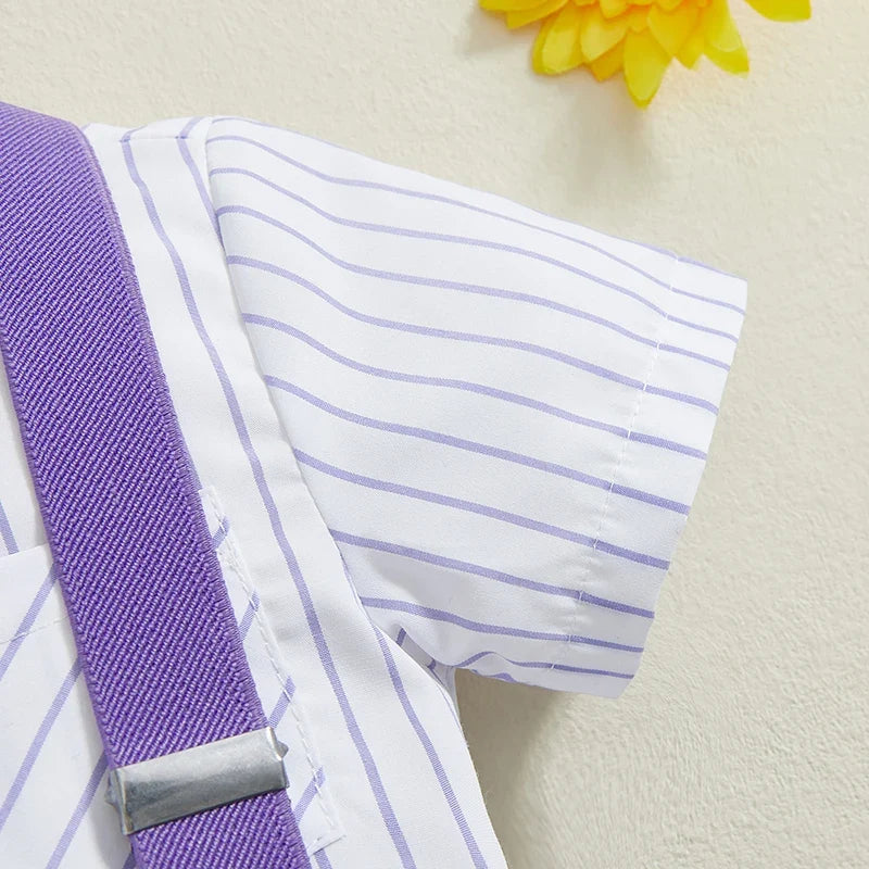 Boy Gentleman Outfit Vertical Stripe Print Short Sleeves Shirt with Bow Tie and Suspender Shorts Set for Formal Wear - Boys