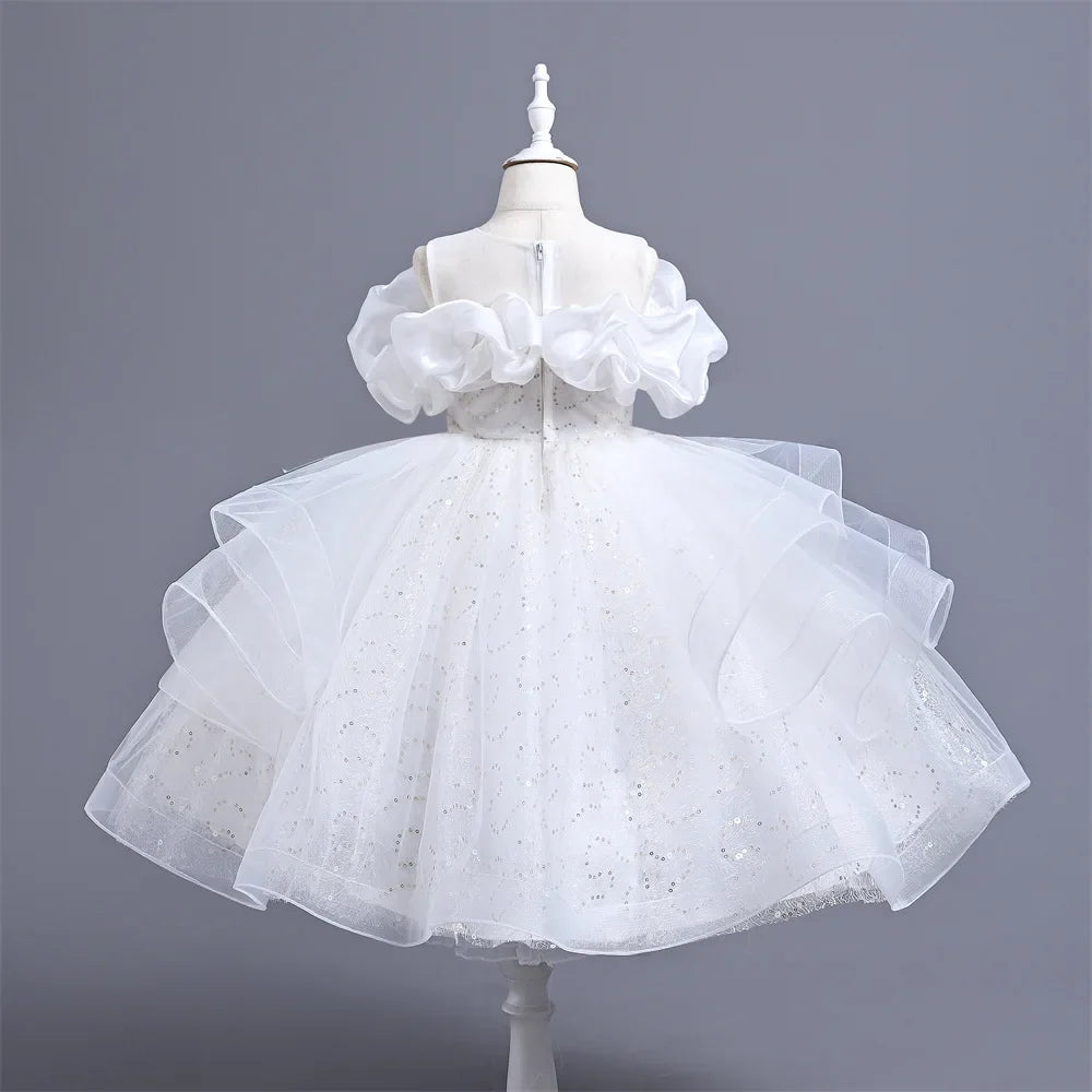 New Girl's Wedding Evening Dress Petal Sequin Mesh Sleeveless Dress Birthday Party School Graduation Party Dress