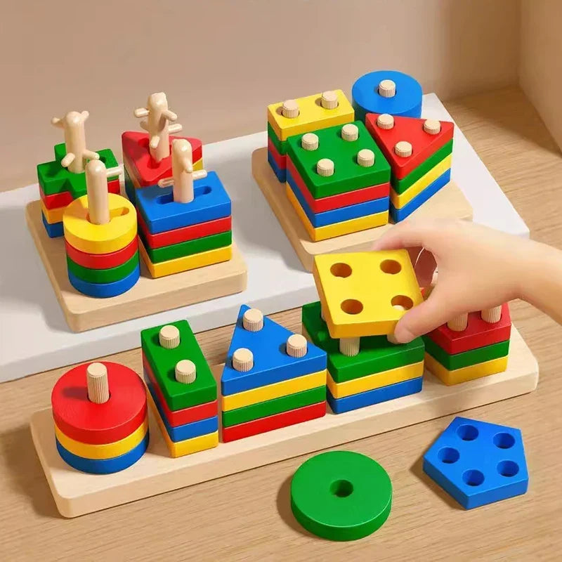 Montessori Toy Wooden Building Block Early Learning Educational Toy Color Shape Match Kids Puzzle Toys For Children Boys Girls