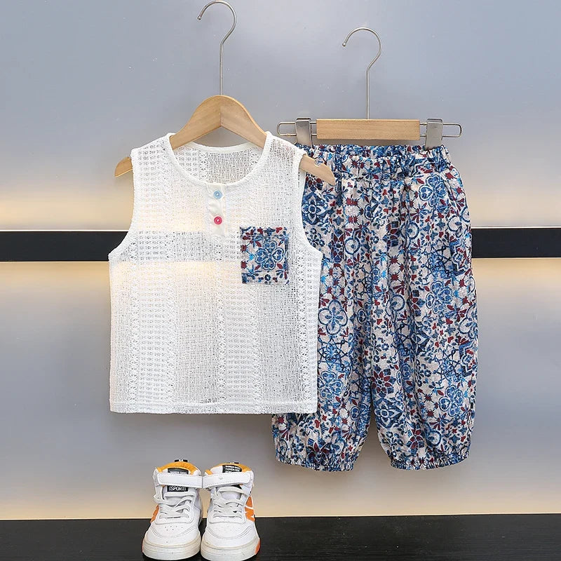 Boys Summer Hollow out Vest Set Breathable Me Svel Long Pants Two Piece Suit Teen Casual Sportswear Cotton Blend orts - Boys