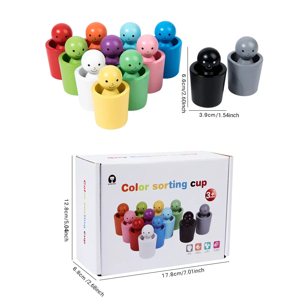 Montessori Wooden Color Recognition Toy with 12 Colorful Cups Educational Sorting Training Stacking Game for Kids 3 Years
