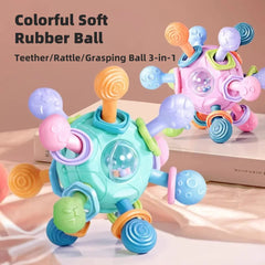 Baby Manhattan Grasping Ball - 3-in-1 Teether, Rattle, and Soft Rubber Grasping Toy for Early Education and Teething Relief