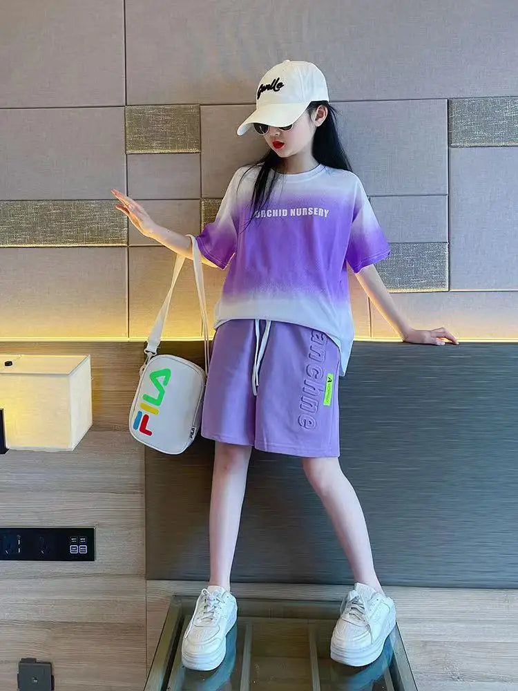 Children Boy Clothes - Children's Boy Clothes Set Summer Gradient Letter T-shirts and Shorts Suit Teenage Short Sleeve Top