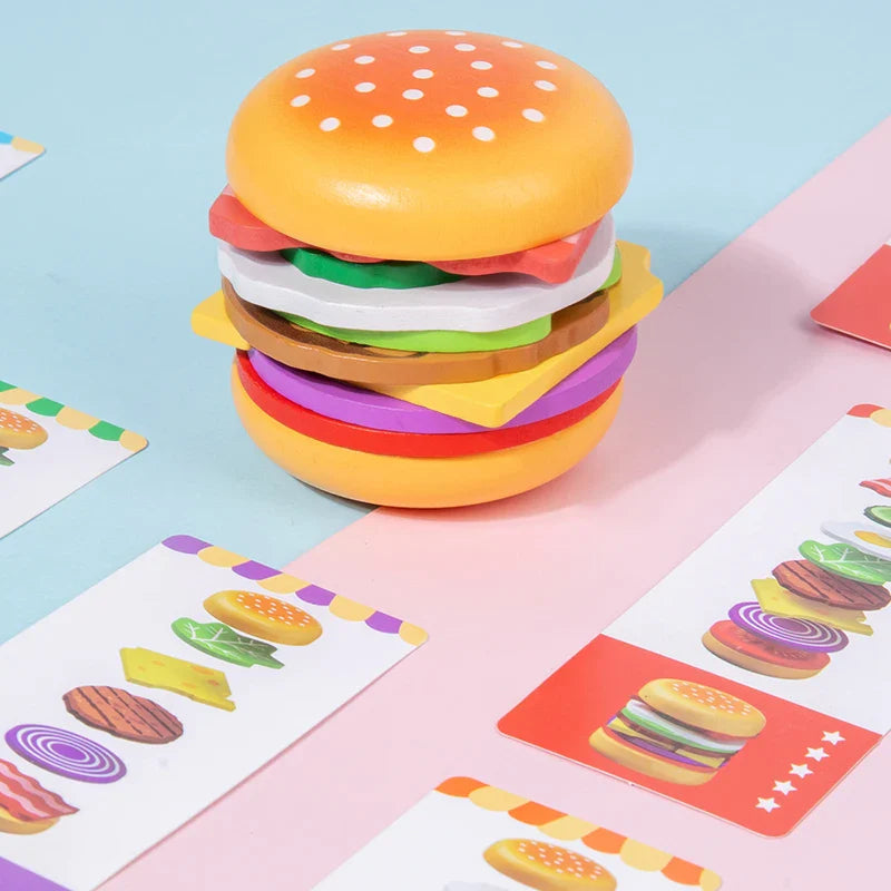 Montessori Wooden Hamburger Pretend Play Toy Educational Simulation Food Matching Stacking Game with Cards for Kids 2 Years Gift