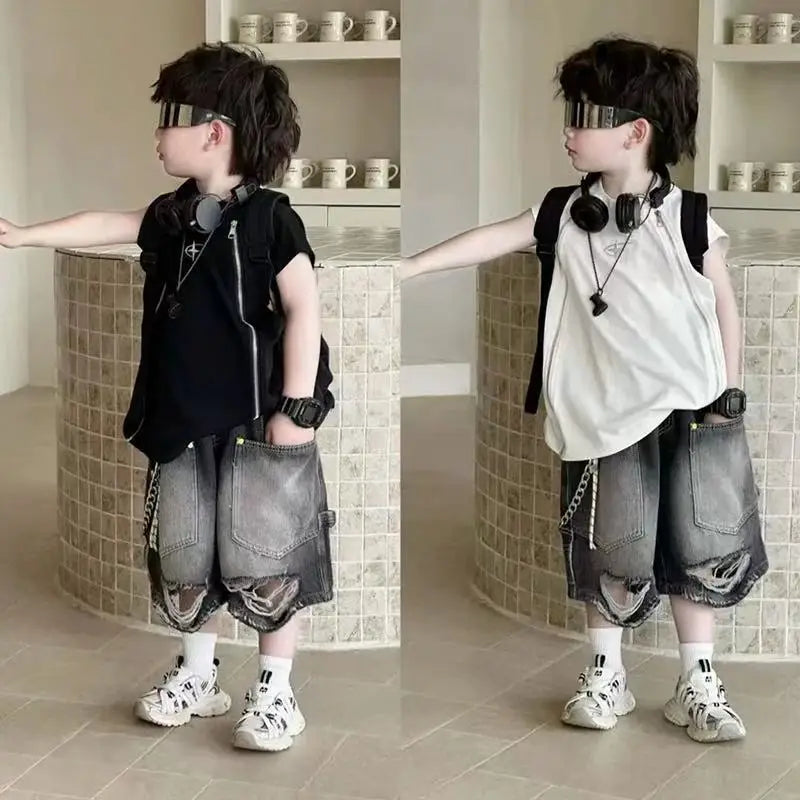 Boy Handsome Korean Version Sleeveless Vest + Retro Ripped Denim Shorts Two-piece Set Children's Casual Loose Set - Boys