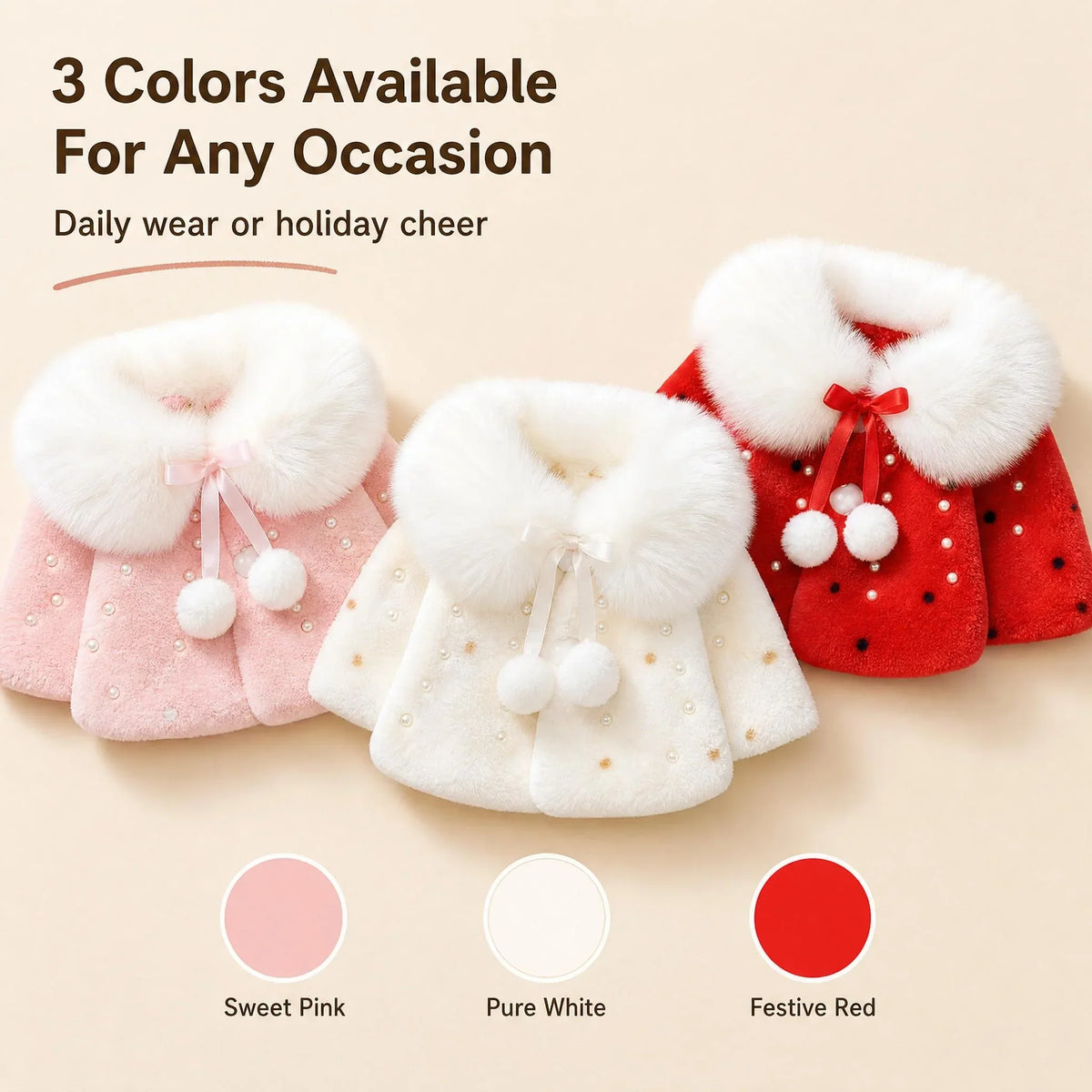 Girls Winter Fleece Cape Cloak with Faux Fur Collar Polka Dot Pearl Bowknot Warm Poncho Coat for Toddler Baby Girl Autumn Outerw
