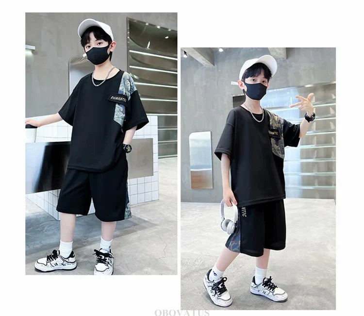 Boys Summer Suit Kids Short Sleeve T-Shirt Sports Casual Outfits for Teenage Boy Clothing Sets With Cartoon Bear - Boys