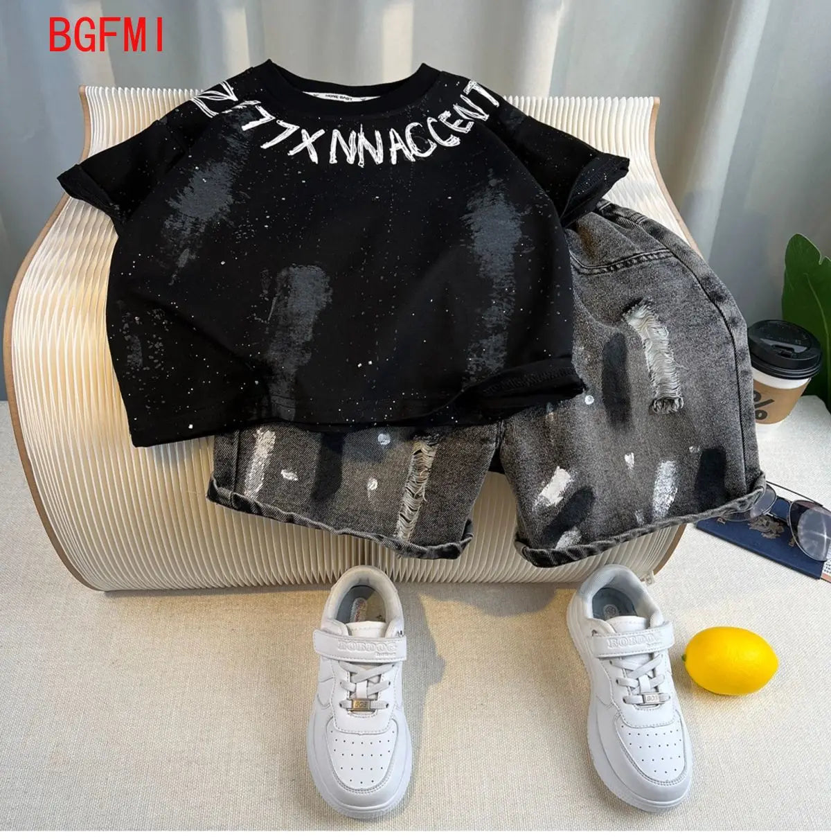 New Boys Fashion Summer Cotton Letter Printing T-shirts+Graffiti Denim Shorts 2pcs Set Kids Korean Outfits Sets Children