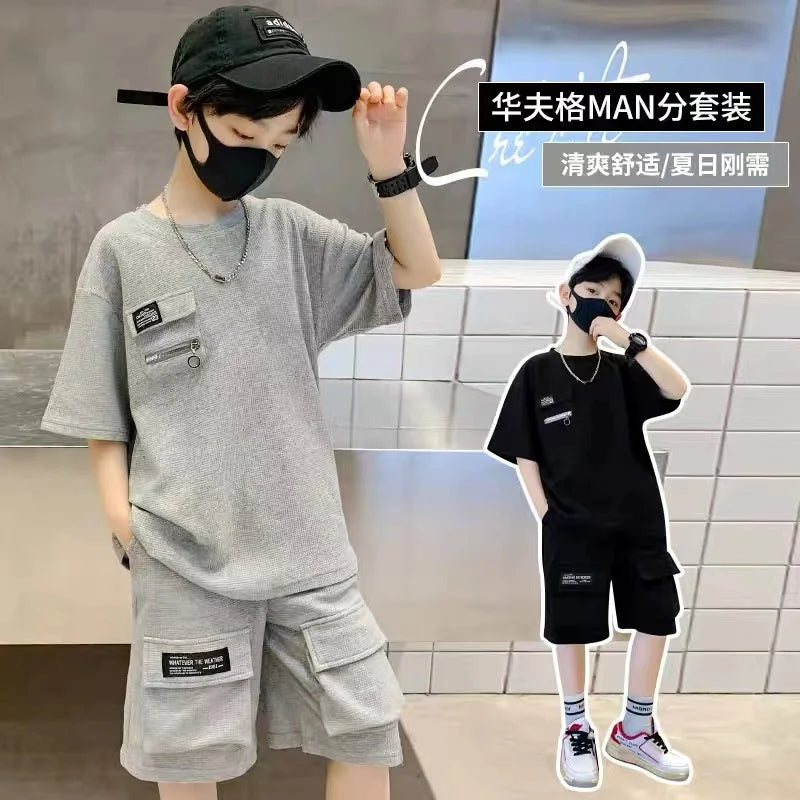 New Boys Sport Clothing Sets Summer Big Kids Loose Clothes Suit Short Sleeve Tops+Shorts 2Pcs Children Fashion Handsome