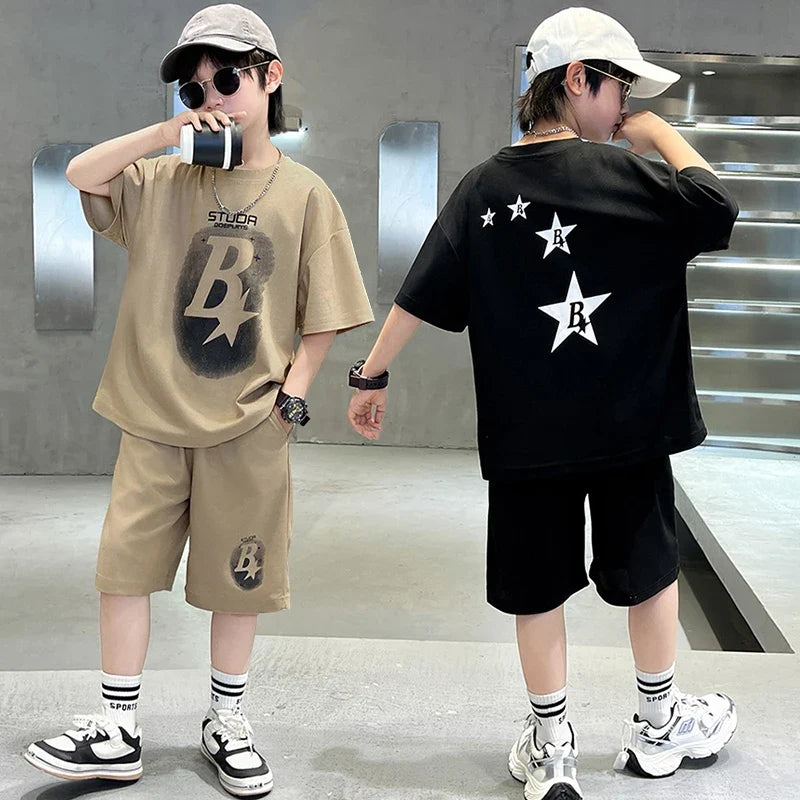 New Summer Teenager Boys Clothing Set Cotton Letter Short Sleeve T-shirt Shorts Years Kids Tracksuits Child Cloth - Boys
