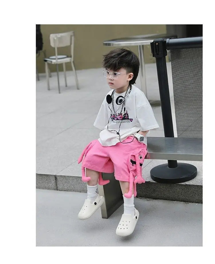 Korean Kids Clothes Boys' Summer Female Child Clothes Children's Printed Cotton Short Sleeved T-shirt Shorts 2piece Sports