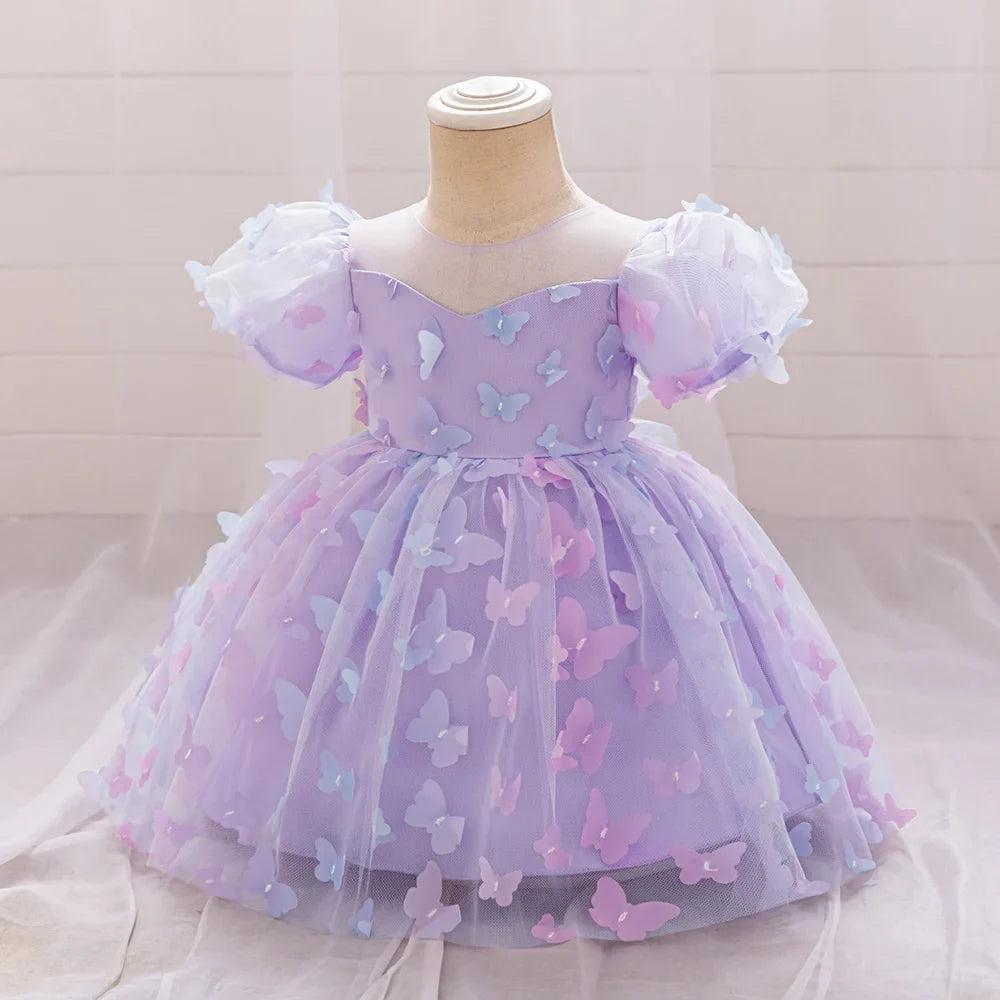 Toddler Girl Party Dress Colorful Gradient 3D Butterfly Prom Gown Girl Bow Lace Birthday Wedding Princess Summer Dresses Evening
