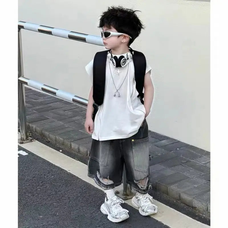 Boy Handsome Korean Version Sleeveless Vest + Retro Ripped Denim Shorts Two-piece Set Children's Casual Loose Set - Boys