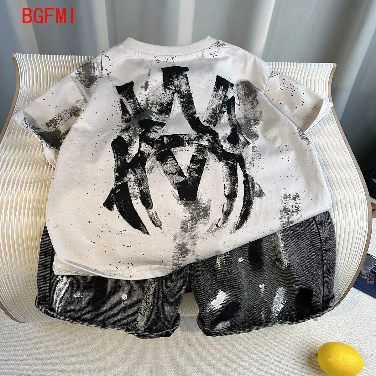 New Boys Fashion Summer Cotton Letter Printing T-shirts+Graffiti Denim Shorts 2pcs Set Kids Korean Outfits Sets Children