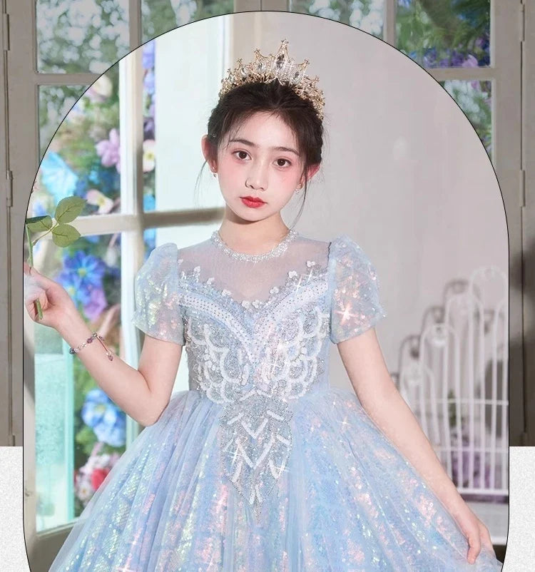 Party Dress Blue Girls Puffy Princess Dresses New Kids Gown Birthday Host Piano Recital Outfit Pageant Performance Formal Wear