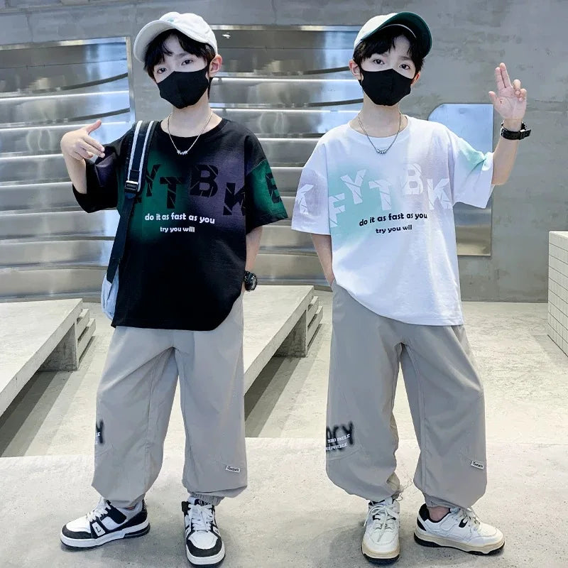 Teenager Boys Clothes Casual Outfit Kids Gradient Tracksuit Child t shirt + ankle tie pant - Boys Summer & Party Dresses