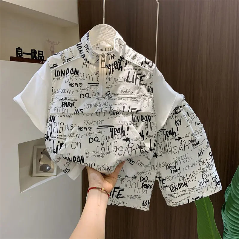 Korean Boys Summer Children's Top and Bottom 2PC Sets Short Sleeve T-Shirt & Denim Shorts Kids Clothes 1-7 Years Black