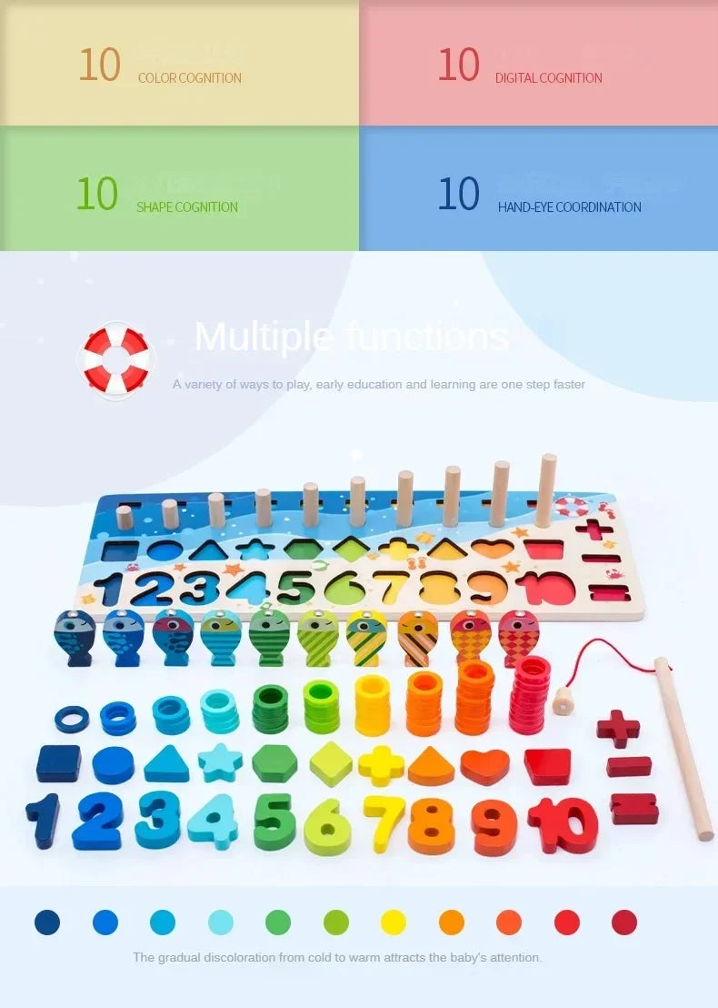 Montessori Toys Wooden Number Puzzle Sorting For Toddlers Shape Sorter Counting Fishing Game Educational Math Stacking Block