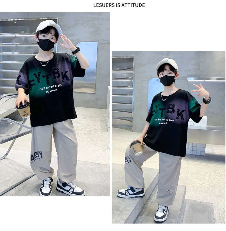 Teenager Boys Clothes Casual Outfit Kids Gradient Tracksuit Child t shirt + ankle tie pant - Boys Summer & Party Dresses