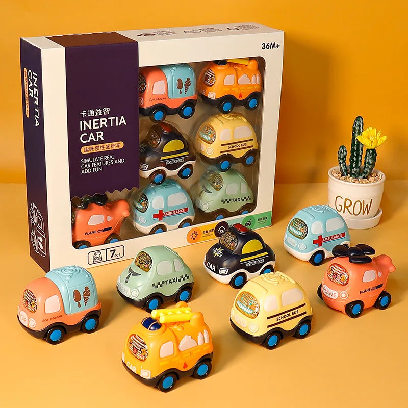 Cartoon Inertia Mini Car Toy Set Ambulance Police Car School Bus Fun Simulated Real Car Model Toys Boy's Birthday Surprise Gifts