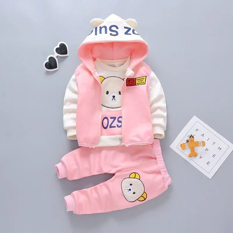 Baby Hooded Tracksuit Set with hooded vest, long sleeve T-shirt, and pants for baby boys and girls