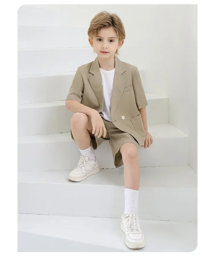 Kids Summer Short-Sleeved Wedding Suit Set Boys Blazer Pants Outfit Children's Piano Host Speech Performance Costume - Boys