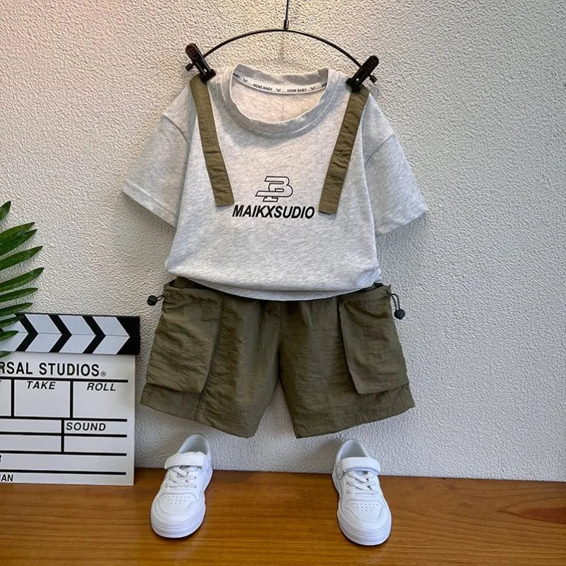 New Boys Sleeveless Vest Denim Shorts 2PC Sets Outdoor Festival Clothing Vintage Print Kids Miracle Design 2-10 Years White