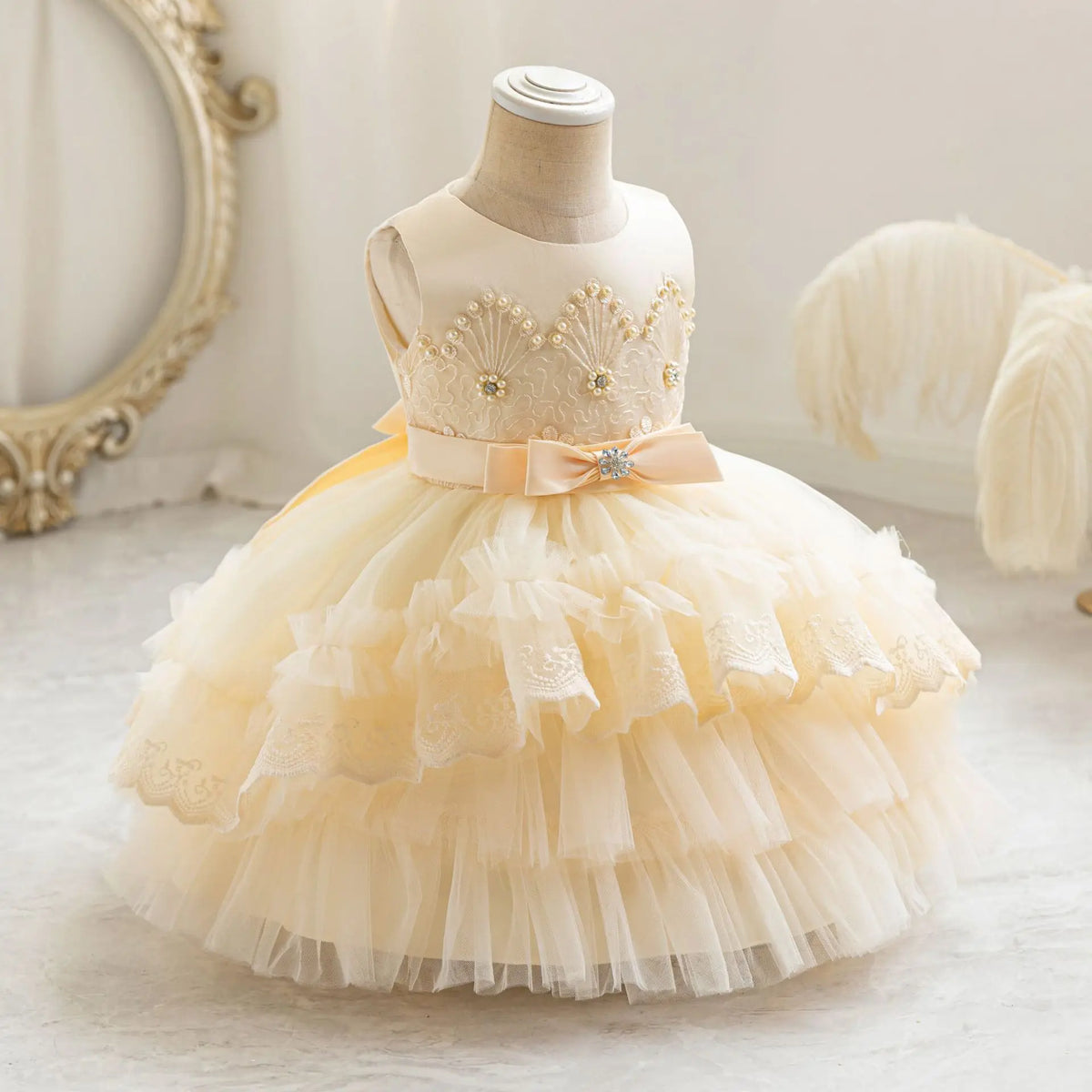 Party Dresses For Girl Formal Prom Wedding Dress Beaded Embroidery Mesh Princess Dress For Infant Baby 1st Birthday Baptism Gown