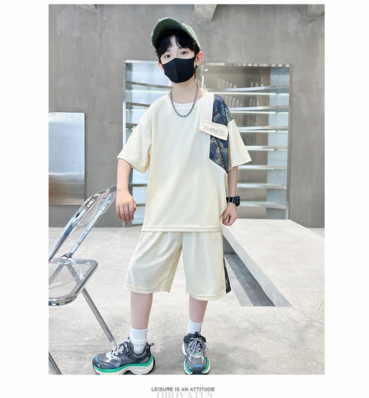 Boys Summer Suit Kids Short Sleeve T-Shirt Sports Casual Outfits for Teenage Boy Clothing Sets With Cartoon Bear - Boys