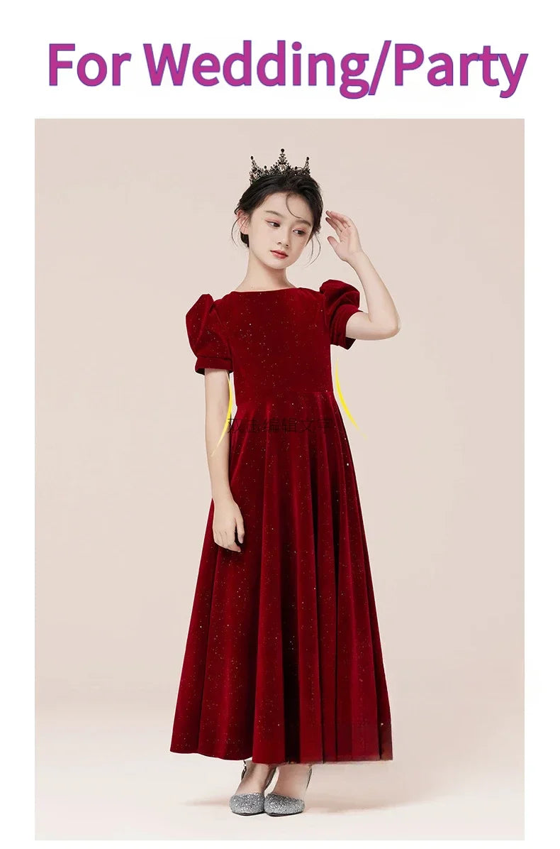 Kids Party Dress Clothing For Birthday Princess  Wine Red Piano Wedding Flower Girl Host Children's Formal Dress