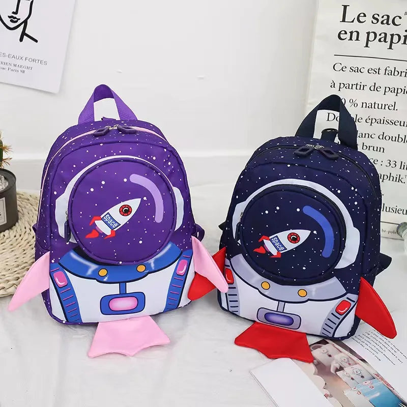 Kids Space Rocket Printed Children's Backpack Traction Rope Anti-lost Lightweight Kindergarten Schoolbag Early Education Bag