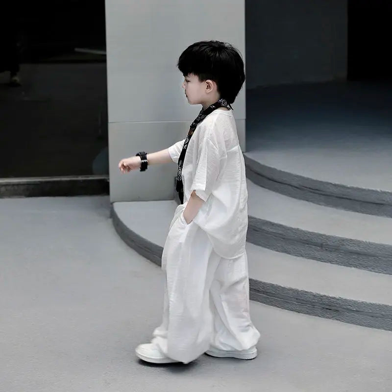 Chinese Style Teenage 2Pcs Set Ultrathin Kids Boy Spring Summer T shirt Top + Pant Casual Teen Boy Clothing Children's
