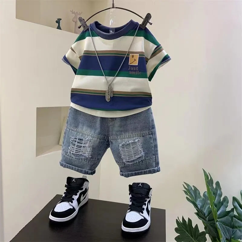Boys Summer New - Boys Summer New Boutique Design Outfits Cotton Set Baby Boys Short Sleeve Shirt Jeans Shorts 2pcs Clothing