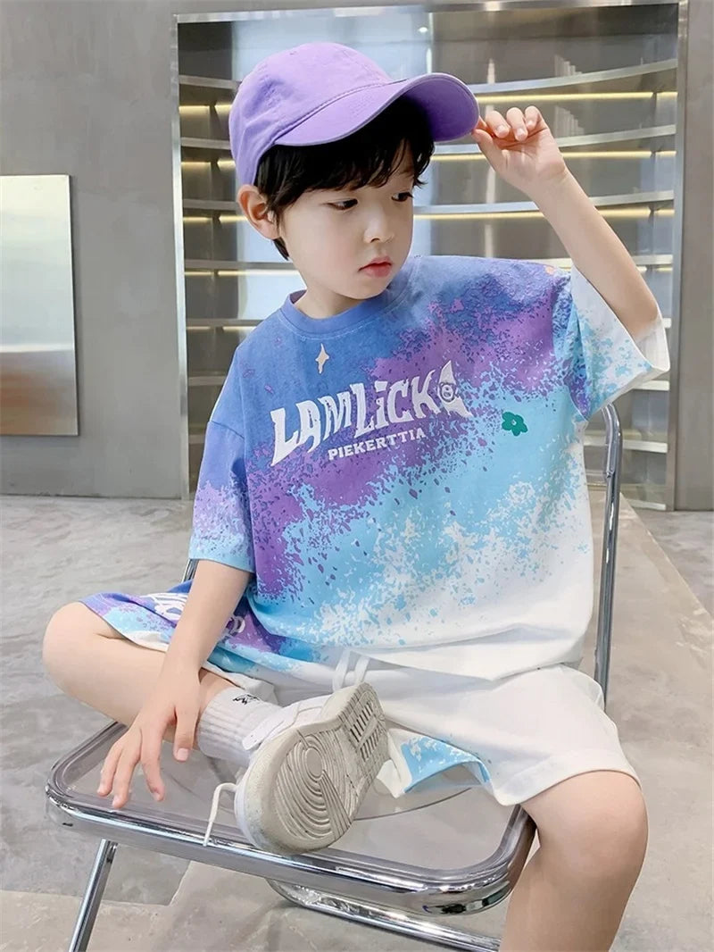 Boys Loose Casual Sets Summer Teen Gradient T-shirts+Shorts 2Pcs Big Kids Sport Short Sleeve Clothes Suits Children Print