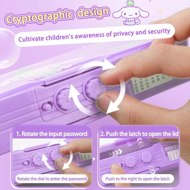 Sanrio Multifunction Stationery Box Kuromi Melody Cinnamoroll Bilayer Coded Lock Pencil Box Large Capacity Students Supply Gift