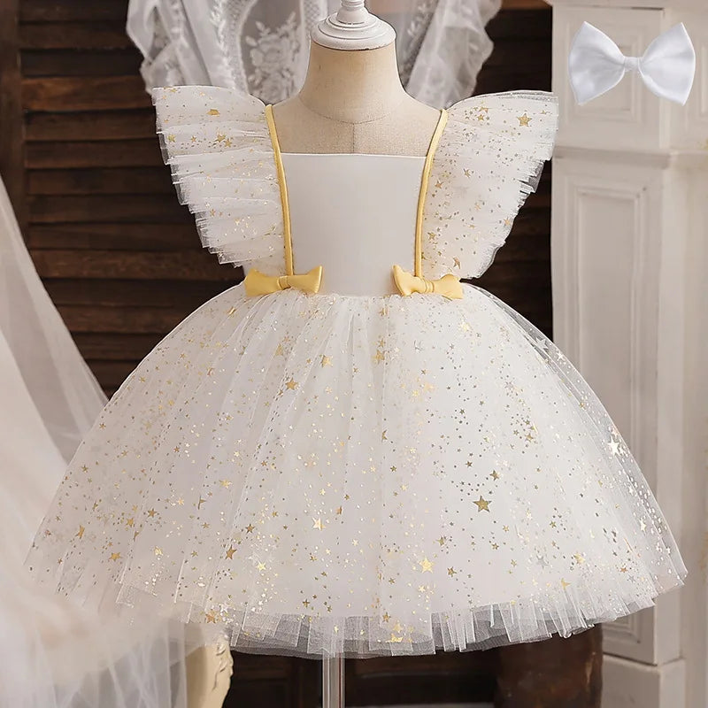 Child's Party Dress Children's Summer Princess Bow Star Sequin Gauze Skirt Girls Skirt Sweet Dress Fashion Kid's Dress Puffy