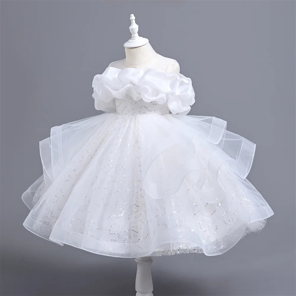 New Girl's Wedding Evening Dress Petal Sequin Mesh Sleeveless Dress Birthday Party School Graduation Party Dress