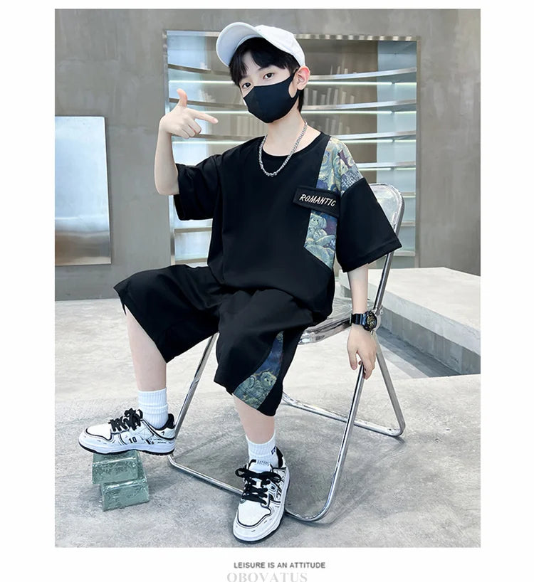Boys Summer Suit Kids Short Sleeve T-Shirt Sports Casual Outfits for Teenage Boy Clothing Sets With Cartoon Bear - Boys