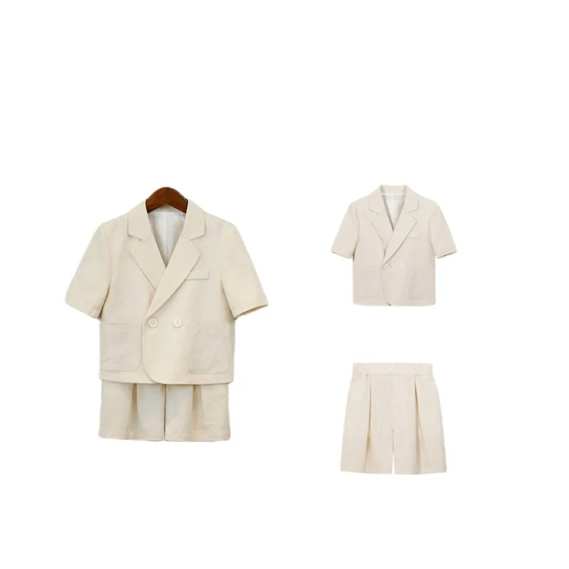 Kids Summer Short-Sleeved Wedding Suit Set Boys Blazer Pants Outfit Children's Piano Host Speech Performance Costume - Boys