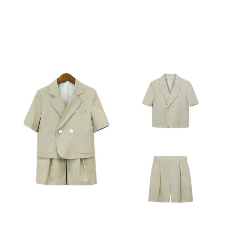 Kids Summer Short-Sleeved Wedding Suit Set Boys Blazer Pants Outfit Children's Piano Host Speech Performance Costume - Boys