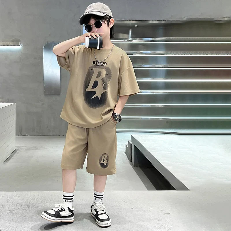 New Summer Teenager Boys Clothing Set Cotton Letter Short Sleeve T-shirt Shorts Years Kids Tracksuits Child Cloth - Boys