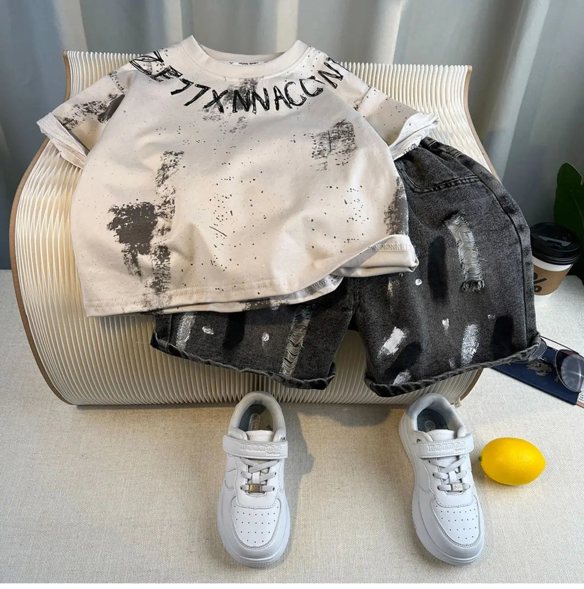 New Boys Fashion Summer Cotton Letter Printing T-shirts+Graffiti Denim Shorts 2pcs Set Kids Korean Outfits Sets Children