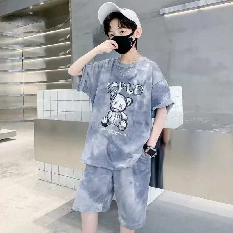 Boys Sports Suit Summer Cartoon Sets New Children's Short-Sleeved T-Shirt Shorts Kids Fashion Loose Clothes Outfit - Boys