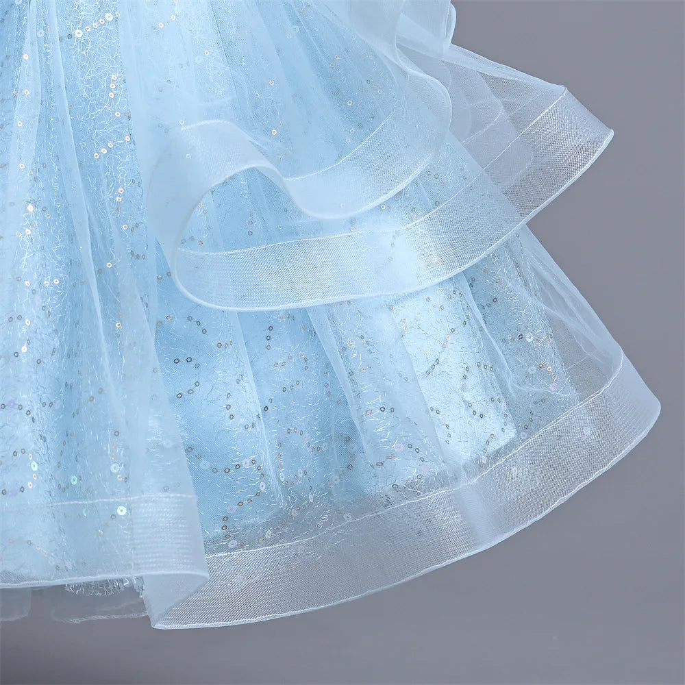 New Girl's Wedding Evening Dress Petal Sequin Mesh Sleeveless Dress Birthday Party School Graduation Party Dress