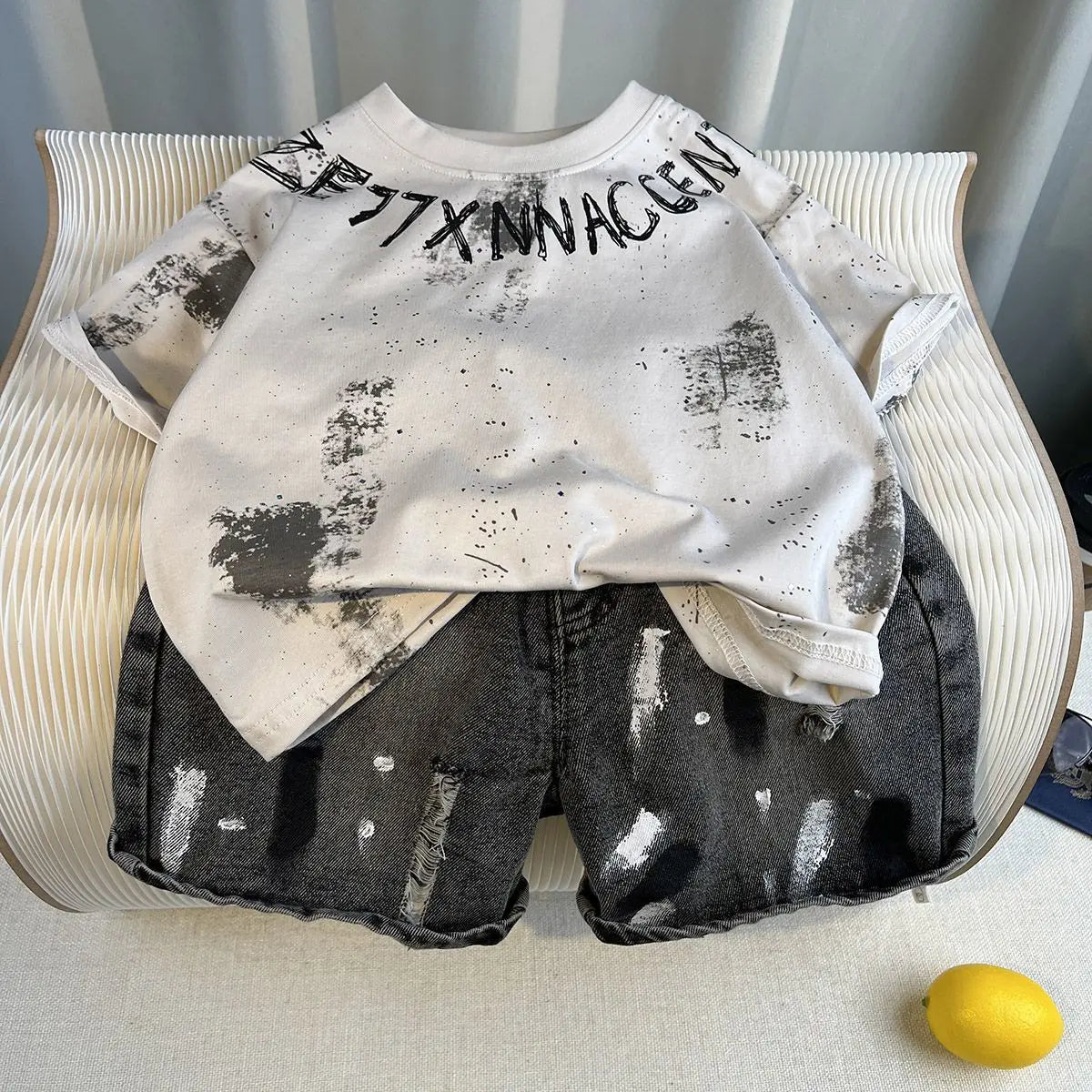 New Boys Sleeveless Vest Denim Shorts 2PC Sets Outdoor Festival Clothing Vintage Print Kids Miracle Design 2-10 Years White