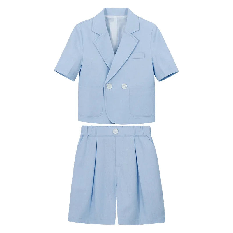Kids Summer Short-Sleeved Wedding Suit Set Boys Blazer Pants Outfit Children's Piano Host Speech Performance Costume - Boys