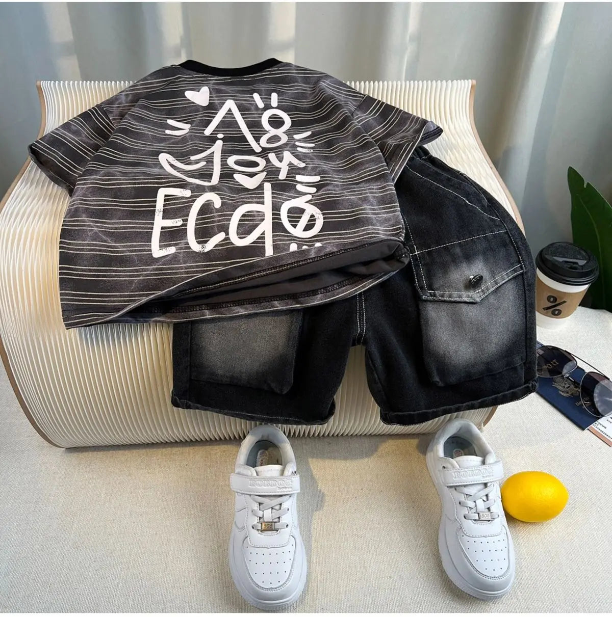 New Boys Fashion Summer Cotton Letter Printing T-shirts+Graffiti Denim Shorts 2pcs Set Kids Korean Outfits Sets Children